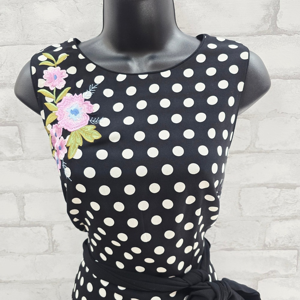 Talbots Black White Polka Dot Sleeveless Floral Embroidered Dress Size 6 - Picture 2 of 9
